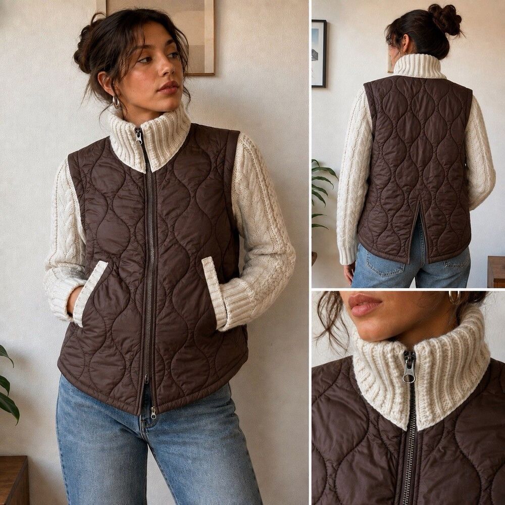 Veronica Beard Patra Puffer Jacket XS Mocha Cable Knit Wool Sleeve Mixed Media